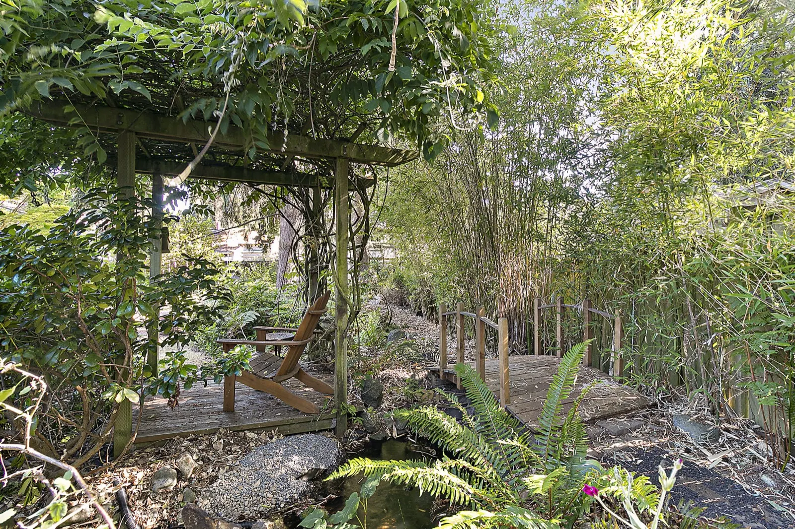 Garden arbor, footbridge, bamboo, and ferns at the Kent property